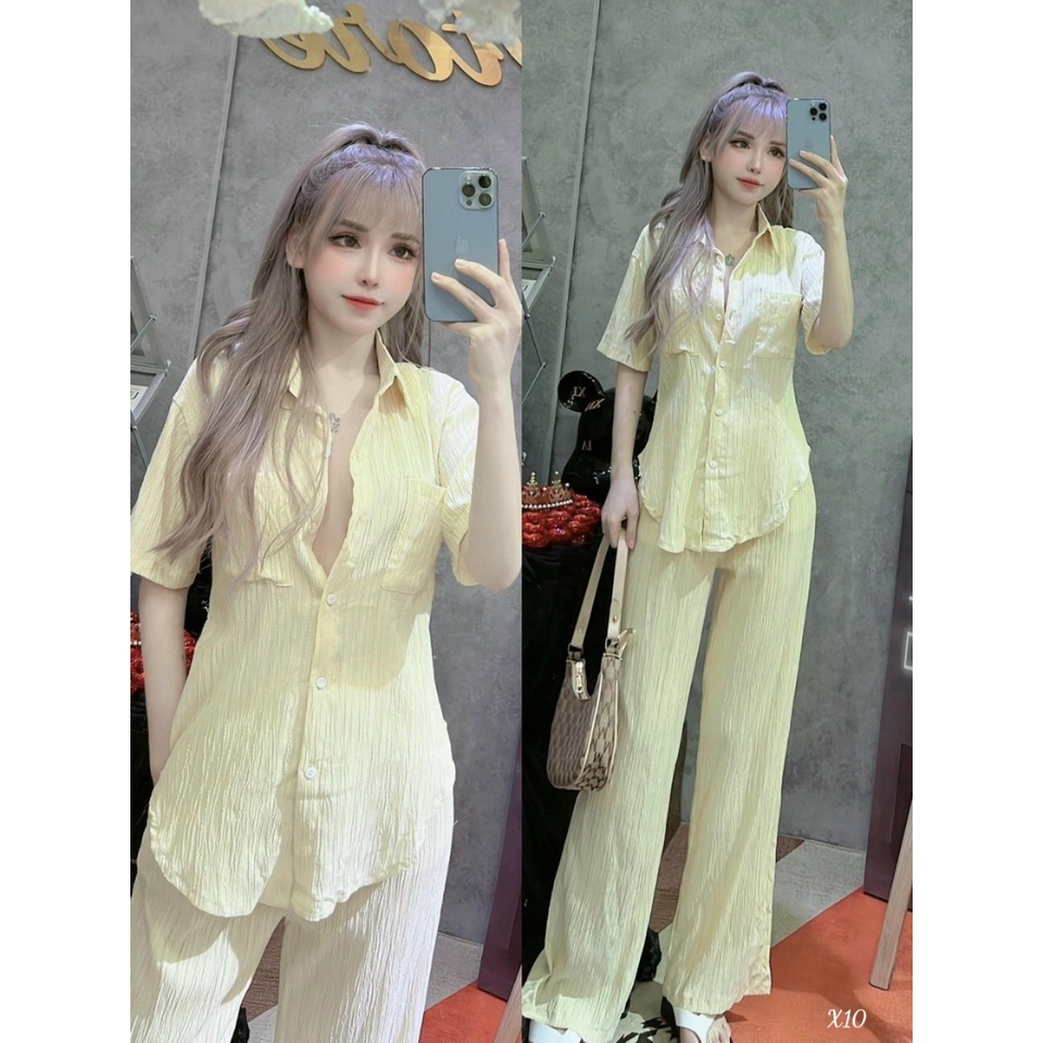[Set bộ] Set áo và quần đi chơi phong cách đơn giản, dễ thương với quần dài ống rộng kèm áo sơ mi ngăn tay tà bầu