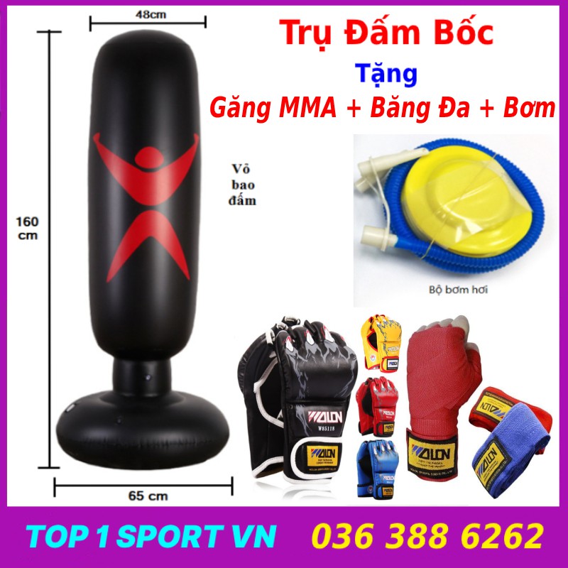 Bao cát trụ hơi đấm bốc tự cân bằng thế hệ 5.0 tặng găng tay boxing mma + băng đa boxing + bơm + keo + miếng vá dự phòng