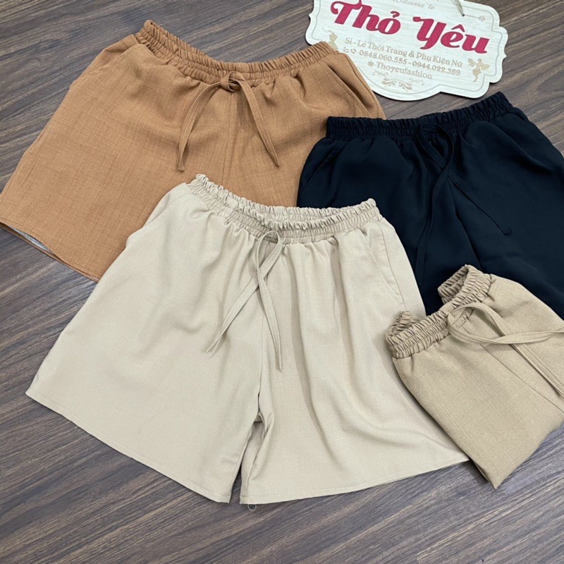 Quần shorts nữ vải thô đẹp ống rộng cạp chun siêu mát