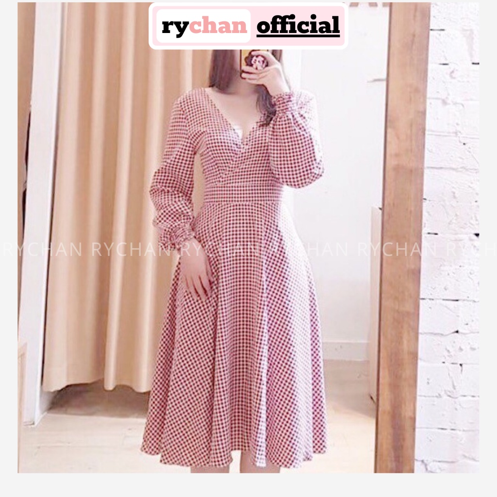 DX701 - Đầm Xòe Caro Cổ Đắp Tay Dài [ẢNH THẬT CUỐI]