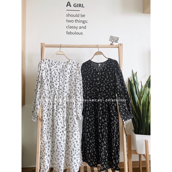 Váy Hoa Nhí Vintage Babydoll Dài Tay Cổ V