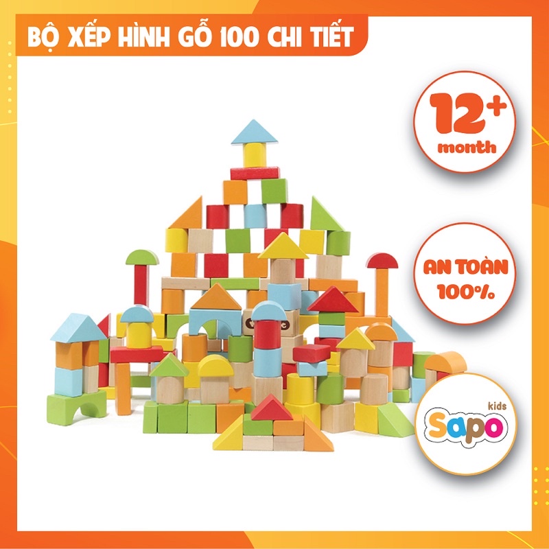 Đồ chơi xếp hình cho bé,bộ xếp hình 100 chi tiết bắt mắt nhiều màu sắc và hình khối khác nhau SAPO KIDS