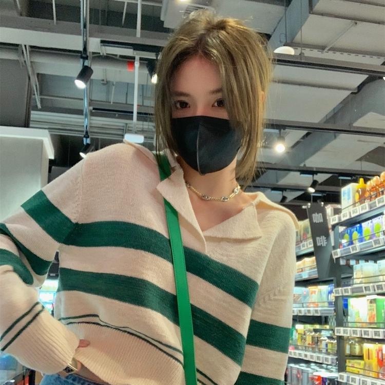 Áo kiểu ZHELIHANGFEI dệt kim cổ polo tay dài dáng ngắn rộng họa tiết kẻ sọc dễ phối đồ thời trang