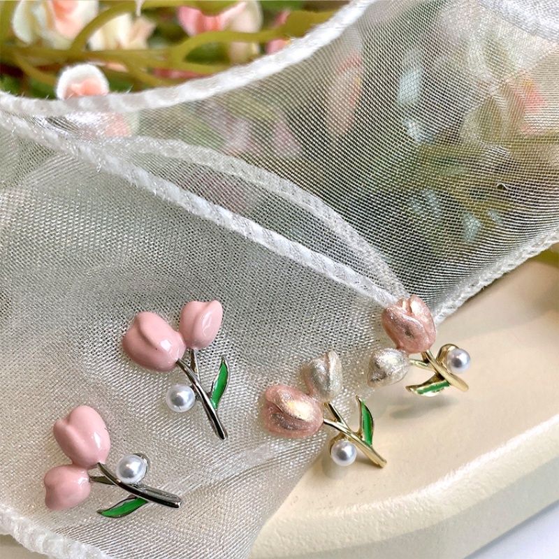 Bông Tai Mạ Bạc 925 Hình Hoa Tulip Đính Ngọc Trai Thời Trang Cho Nữ