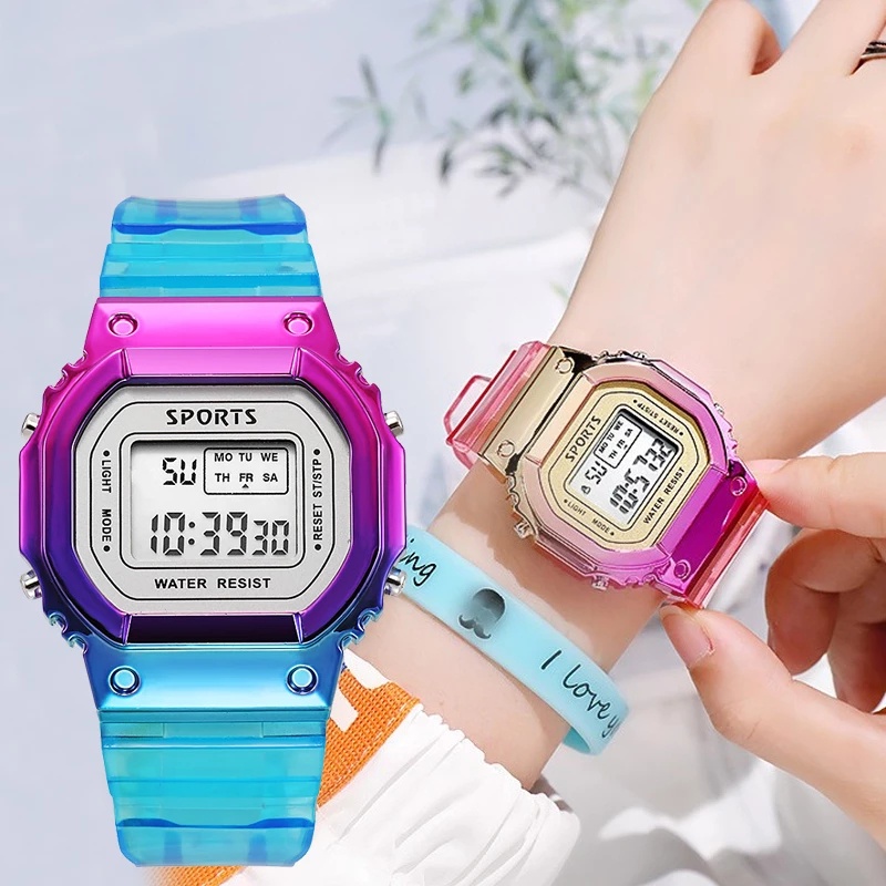 Đồng hồ đeo tay điện tử trong suốt có đèn LED nhiều màu sắc cho nữ