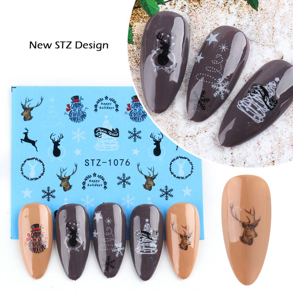 Set 16 Miếng Dán Móng Tay Hình Cây Thông / Tuần Lộc / Lá Cây Màu Đen Xinh Xắn