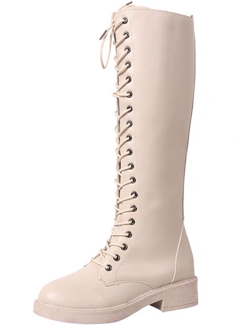 Boots martin cổ cao cho nữ đan dây đế 3cm lót lông có khoá kéo
