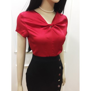 Áo kiểu nữ ngắn tay💖Freeship💖Áo sơ mi nữ màu đỏ cổ V vải lụa mềm mịn