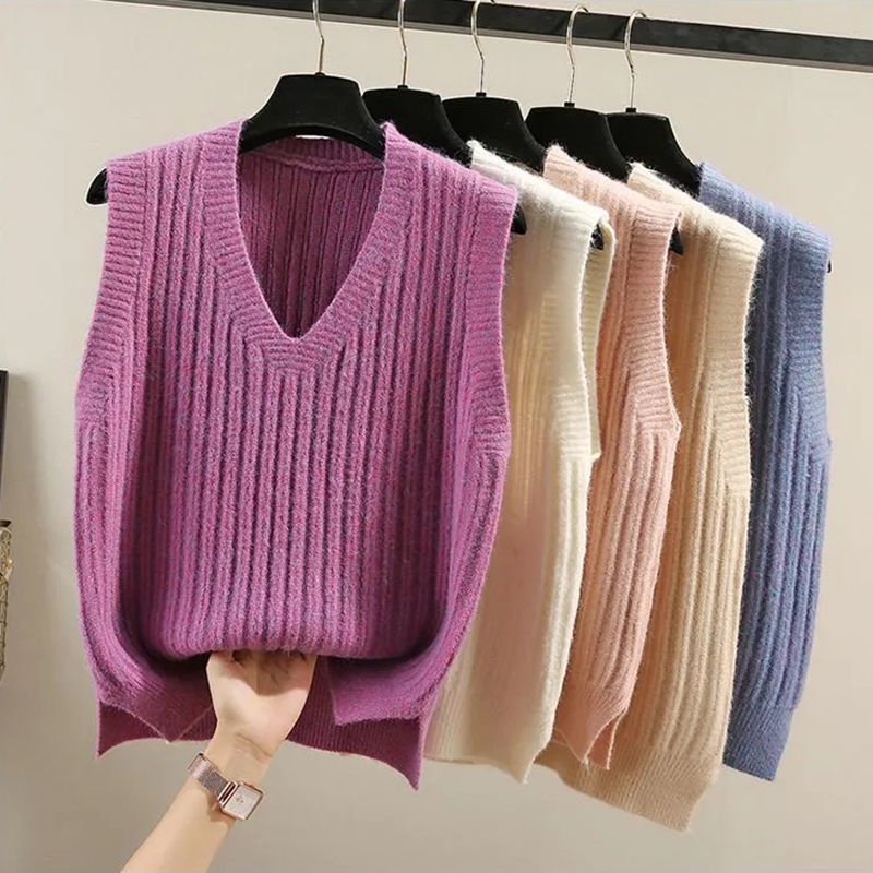 Chất lượng tốt Sản phẩm nổi bật Áo Dệt Kim Sát Nách Dáng Rộng Cổ Chữ V Màu Trơn Phong Cách Hàn Quốc Mới 2023