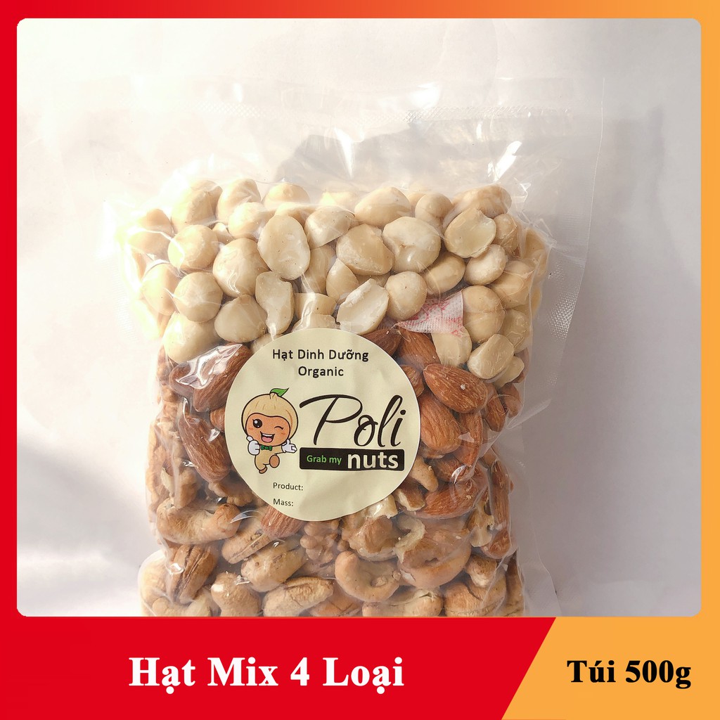 Hạt Dinh Dưỡng Mix 4 (Hạnh Nhân, Macca, Điều Rang Muối, Nhân Óc Chó) Polinuts Túi 500g