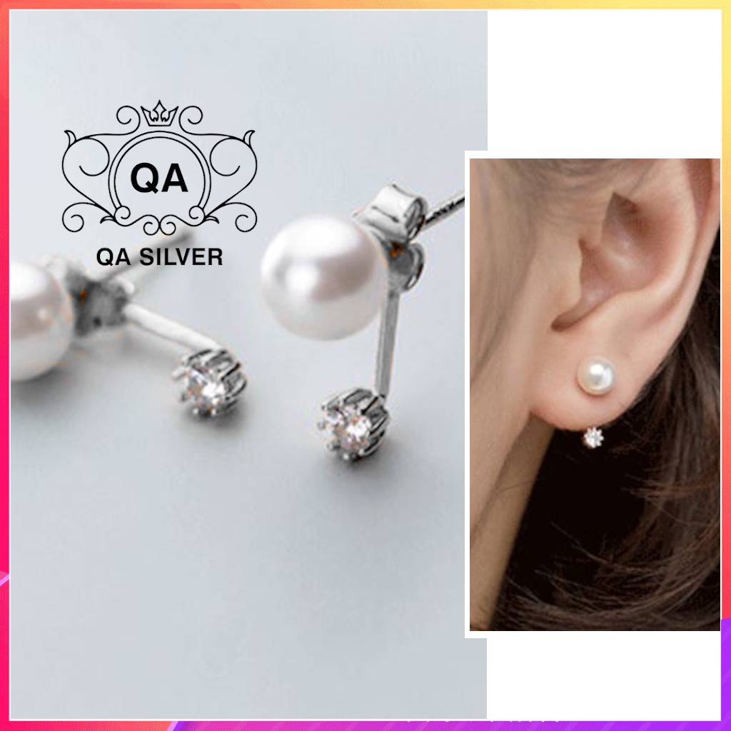 Khuyên tai bạc 925 ngọc trai giả bông trước sau nụ đá S925 PEARL Front-back Silver Earrings QA SILVER EA211101