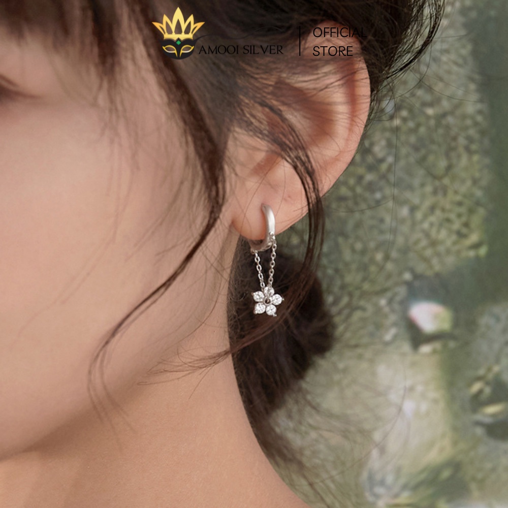 Bông tai bạc S925 khoen tròn hoa 5 cánh tua rua đường kính 8mm - Amooi Silver AB217