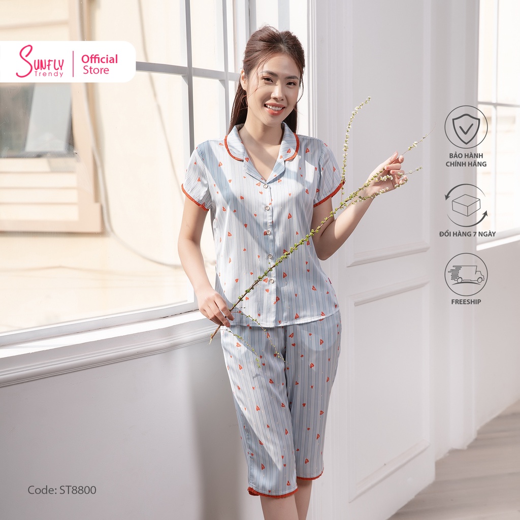 Bộ đồ mặc nhà nữ pijamas lụa SUNFLY áo cộc, quần ngố ST8800