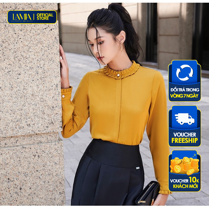 Áo sơ mi nữ Lamia Design LA315 lụa Hàn Quốc màu vàng xếp ly cách điệu