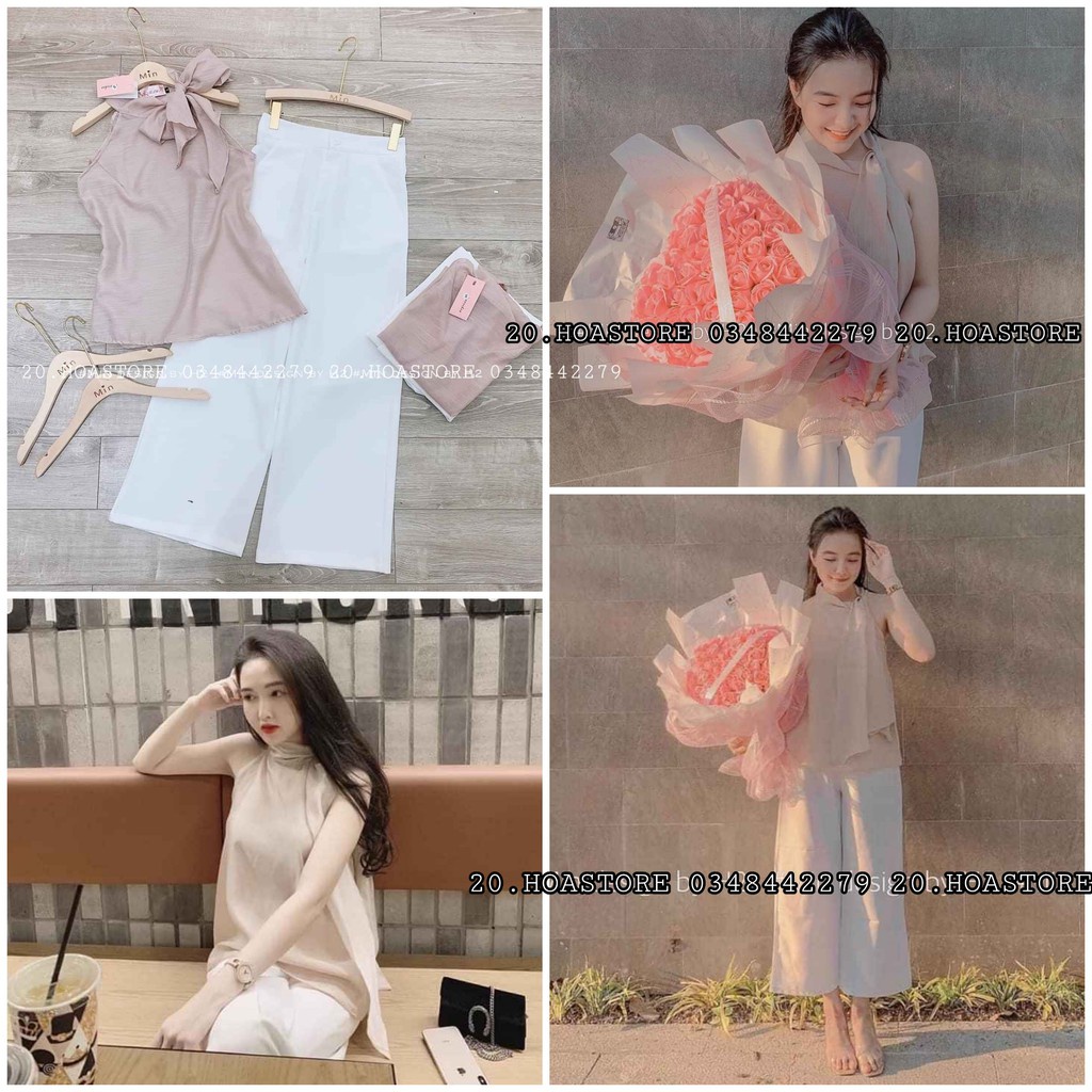 SET ÁO NƠ LỆCH HỒNG MIX QUẦN SỚ TRẮNG THỤNG ỐNG SUÔNG ULZZANG
