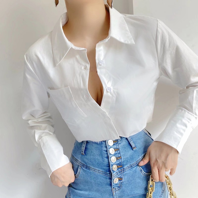 Áo Sơ Mi Nữ Croptop Thiết Kế Dài Tay Form Rộng Phối Túi Ngực Phong Cách Ulzzang Thời Trang Sugal SO MI NU 029V1