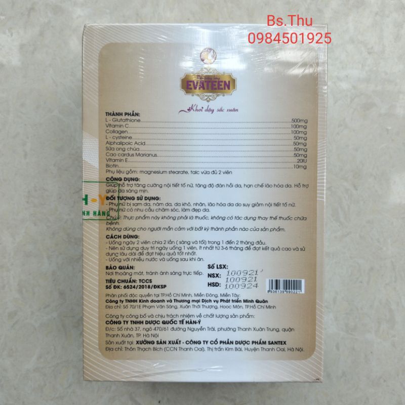 EVATEEN Viên trắng hồng Evateen giảm nám xạm da lọ 30 viên