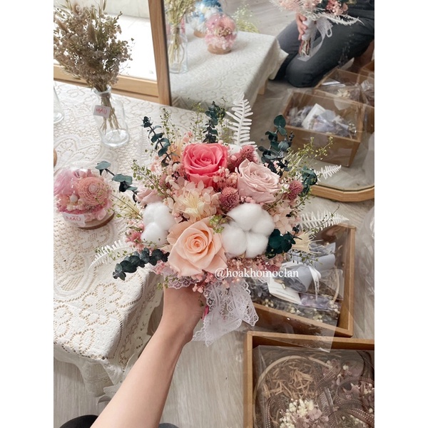 Hoa cưới khô cầm tay cô dâu, hoa khô mixed hoa hồng bất tử vĩnh cửu không tàn