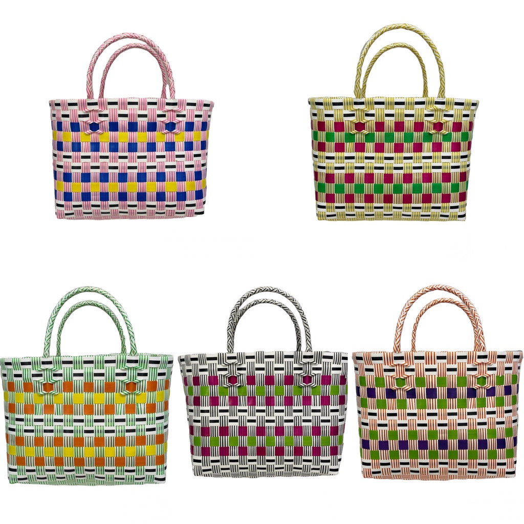 Túi xách nhựa đan tay phối sọc 1 màu (Ảnh Thật 100%)