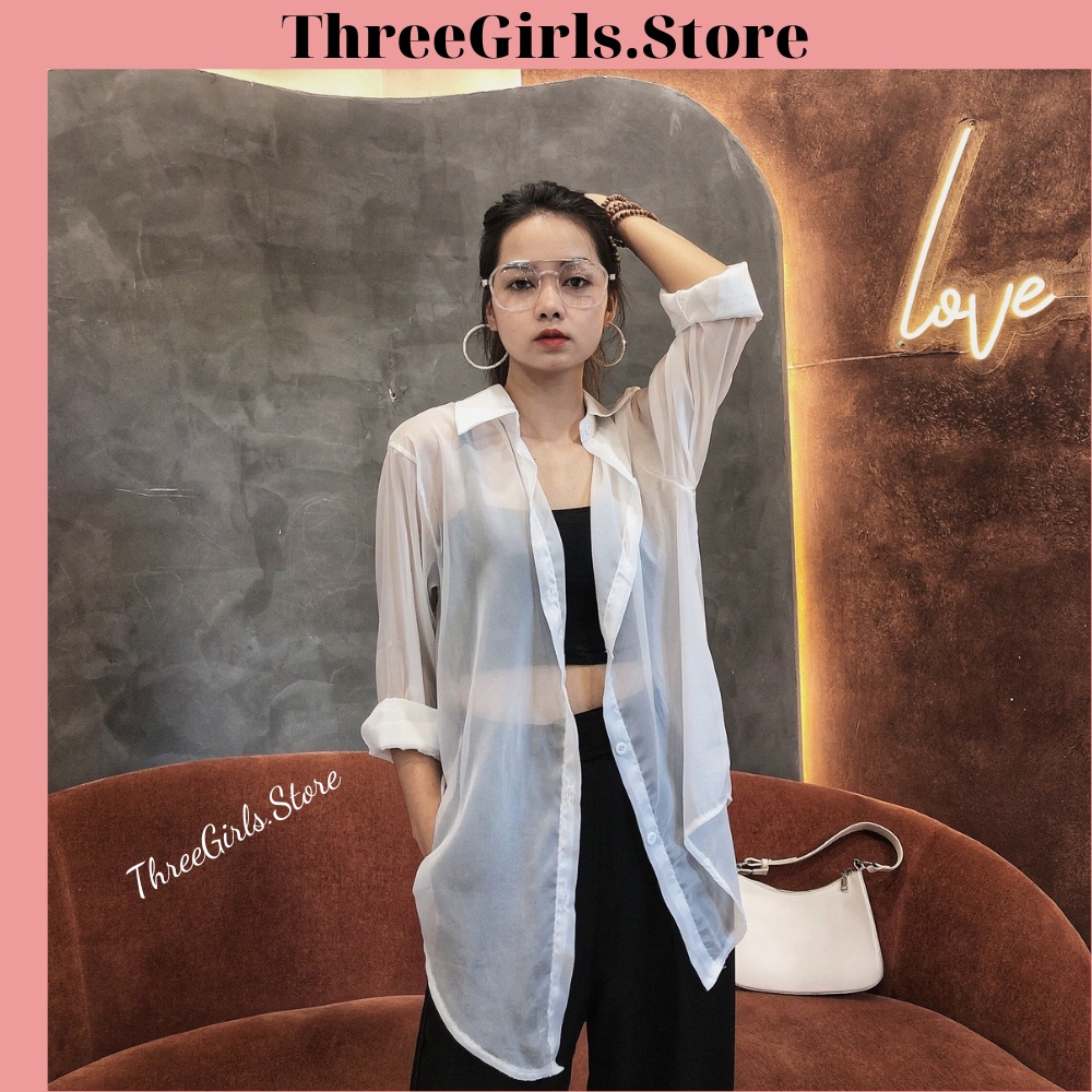 Áo sơ mi voan mỏng nữ, sơ mi vải voan mỏng lụa cao cấp, áo ngủ sexy dài xuyên thấu, von dáng rộng khoác ngoài ThreeGirls
