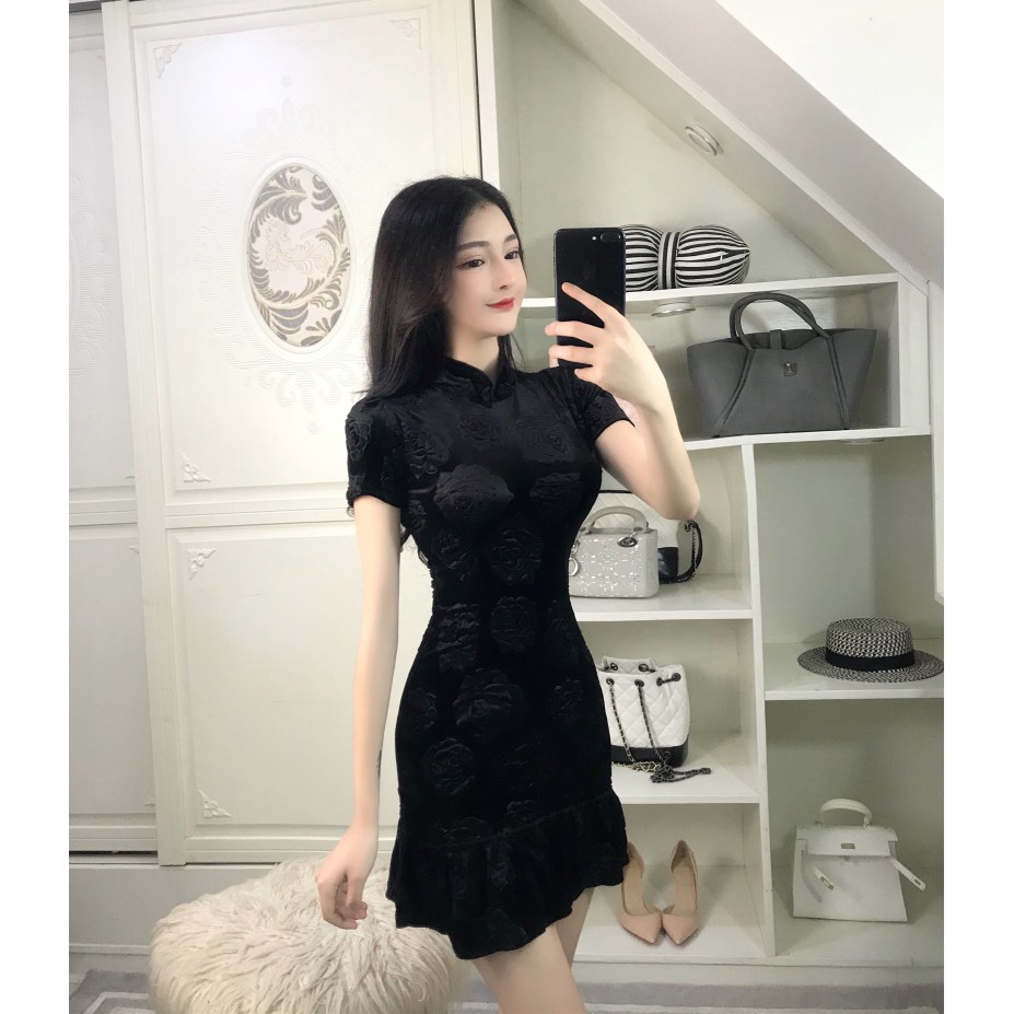 Sườn xám vân hoa nổi (ảnh thật)