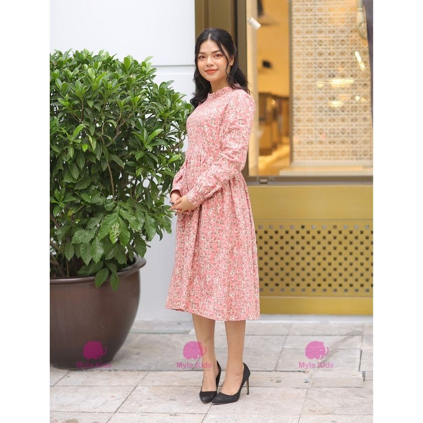 Set váy mẹ bé đi chơi hoa nhí, váy đôi mẹ bé thu đông dài tay cổ bèo hoa nhí hồng cho bé 1-2-3-4-5-6-7-8-9-10 Mylakids