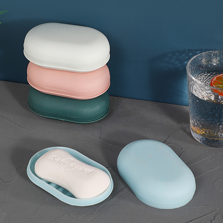 Hộp đựng xà phòng hình oval màu sắc ngọt ngào kèm nắp đậy chống thấm nước tiện dụng