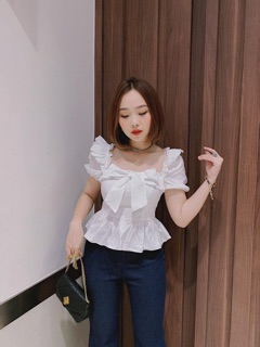 (Xả kho giá gốc) Áo kiểu voan cổ bèo thắt nơ (hình thật kế bên)