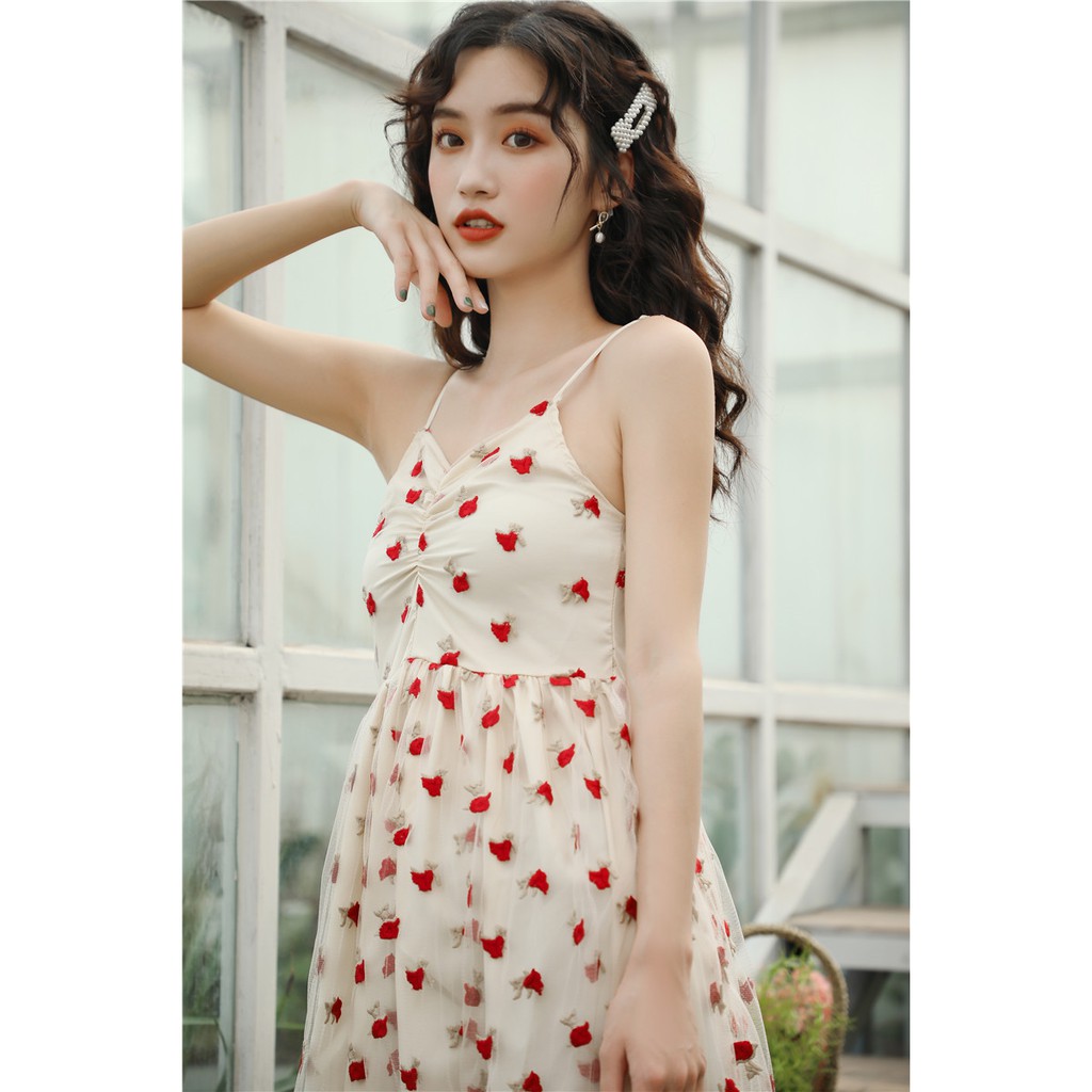 Đầm Voan Hoa Hồng 3D Babydoll - phong cách Retro