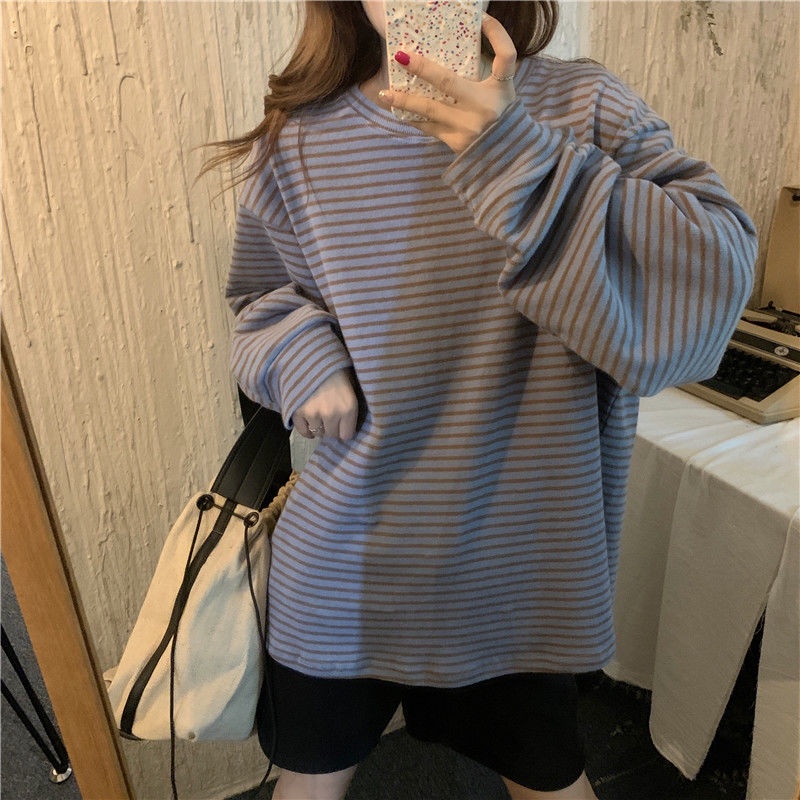 Jiashucheng Áo Thun Nữ Dài Tay Cổ Tròn Sọc Ngang Thời Trang Hàn Mới