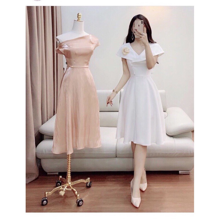 Váy xòe đầm nữ dự tiệc freesize chất kate lụa cổ bèo đính hoa Kimhoa77 | BigBuy360 - bigbuy360.vn