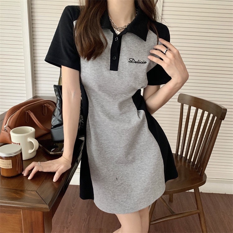 Đầm Cổ polo Tay Ngắn Dáng Ôm Màu Sắc Tương Phản Phong Cách Hàn Quốc Thời Trang Cho Nữ