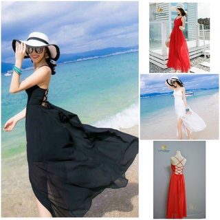 Đầm maxi voan 2s đan dây lưng xẻ tà + Ảnh thật