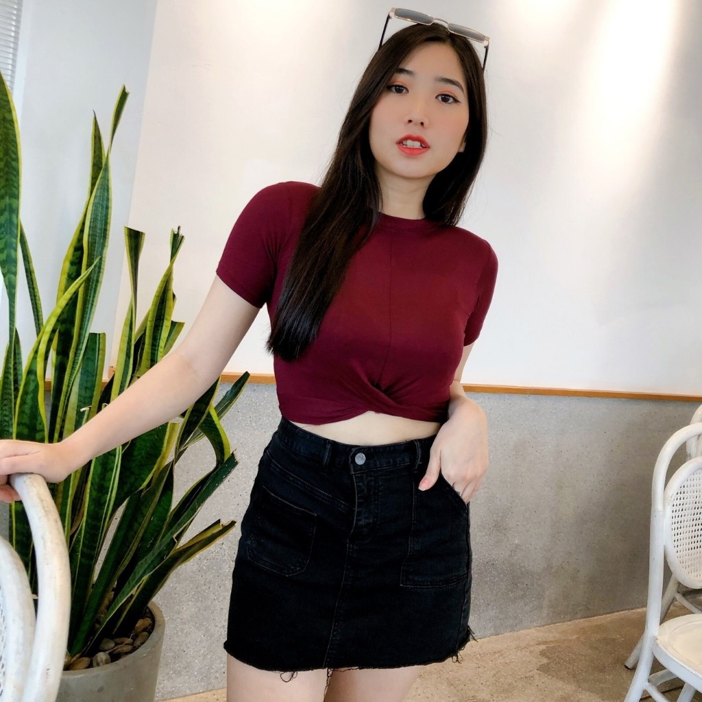 Áo Kiểu Croptop Xoăn Bụng Tay Ngắn, Chất Borip Lụa Dày Dặn Co Giản, Freesize 53kg, Ảnh Thật