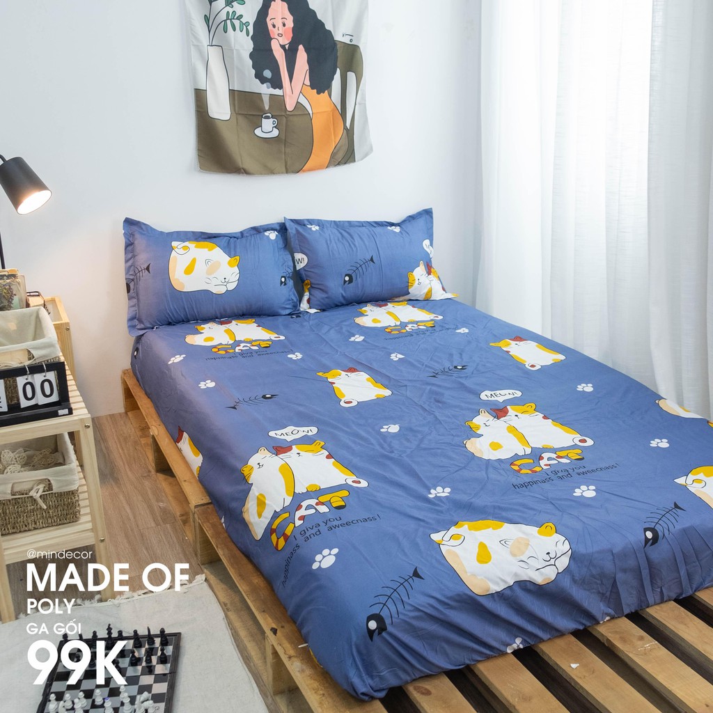 Ga Gối Cotton FREESHIP Bộ Ga Giường Mèo Xanh - Ga Trải Giường Thiết Kế Mịn Decor