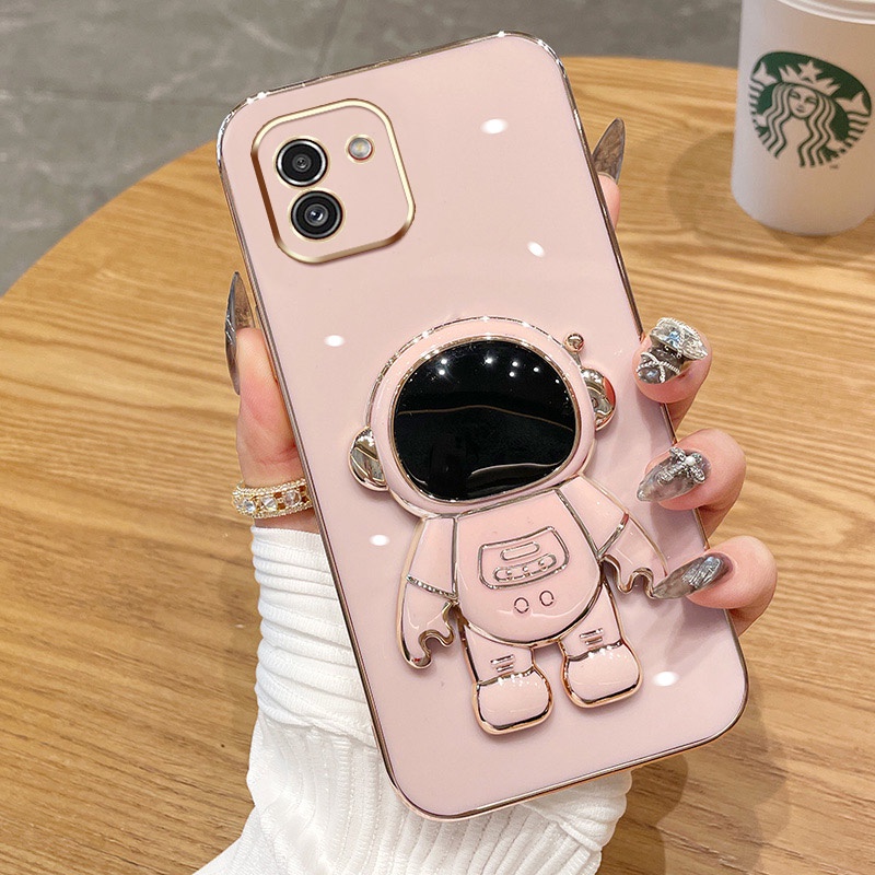 ốp lưng Giá đỡ phi hành gia mạ vàng sang trọng Giá đỡ tích hợp Vỏ mềm Tương thích với Cho SAMSUNG A03coro A01 A02 A02S A03 A03S A04 A04E A7 (2018) A23 Ốp silicon TPU màu trơn đơn giản case