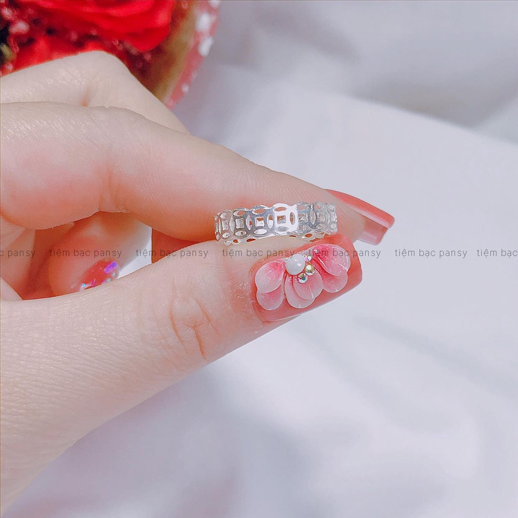 Nhẫn kim tiền bạc nữ PANSY tài lộc may mắn, nhẫn đồng tiền thời trang bằng bạc ta bản dày dặn
