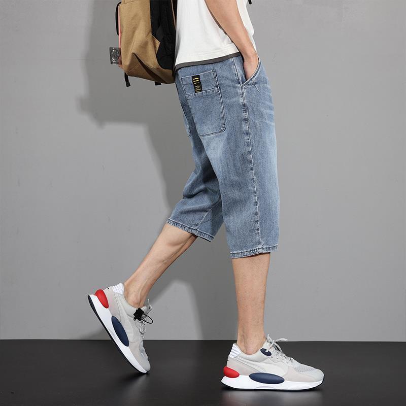 Quần Jeans Lửng 7 Tấc cotton Mỏng Ống Rộng Lưng Thun Co Giãn Mùa Hè Cho Nam