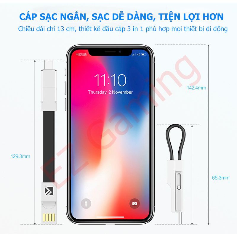 [Free ship] Cáp Sạc ngắn 3 in 1 – Tích hợp 3 loại đầu, Móc chìa khóa tự hít thông minh.