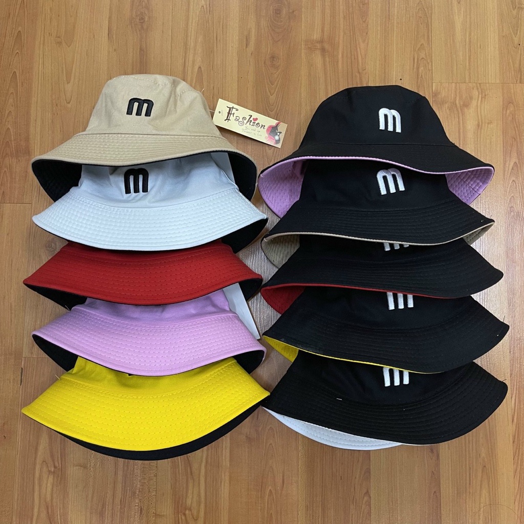 Mũ Tai bèo Nam Nữ 2 Lớp Chất Vải Thoáng Mát Thêu Chữ M, Nón Bucket Vành Tròn Unisex Ulzzang Cá Tính