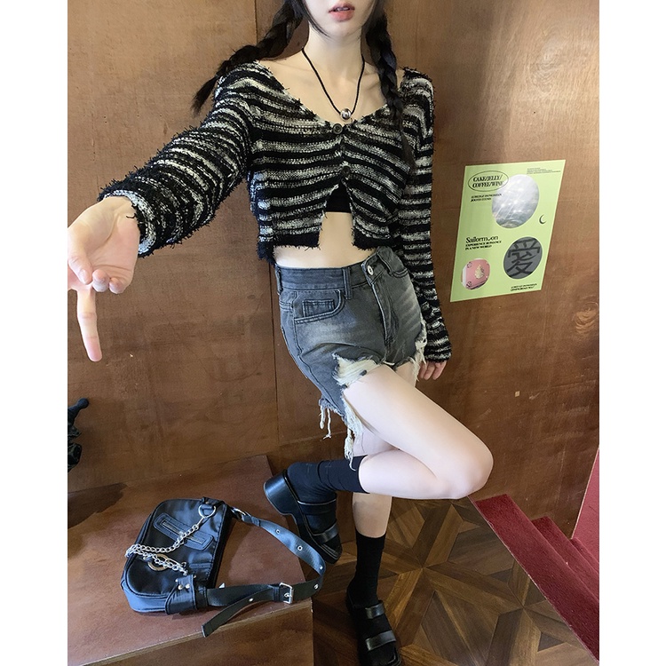 Porozi  Áo croptop  dệt kim tay dài kẻ sọc phong cách Hàn Quốc xinh xắn cho nữ