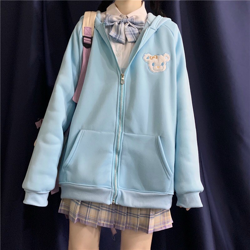 ÁO KHOÁC  NỮ VẢI NỈ CÓ TAI THỎ HOODIE MẶT GẤU THÊU | BigBuy360 - bigbuy360.vn