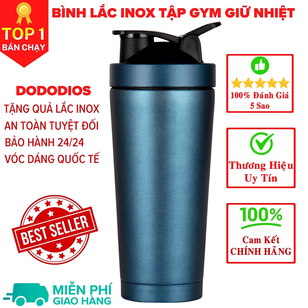 Bình lắc gym shaker, bình nước thể thao inox giữ nhiệt + Tặng quả lắc - ĐenViềnBạc
