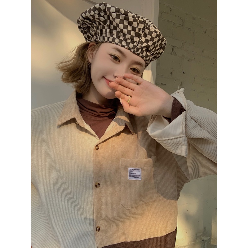 Áo khoác SUXI tay dài vải nhung phối màu tương phản thời trang mùa thu phong cách Hàn Quốc cho nữ