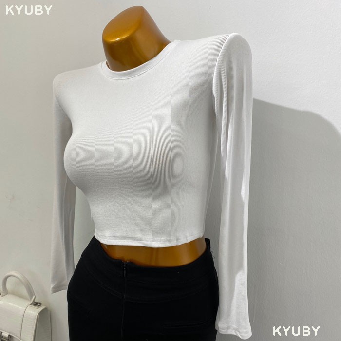 Áo croptop dài tay cổ tròn KYUBY Áo thun nữ tay dài dáng croptop