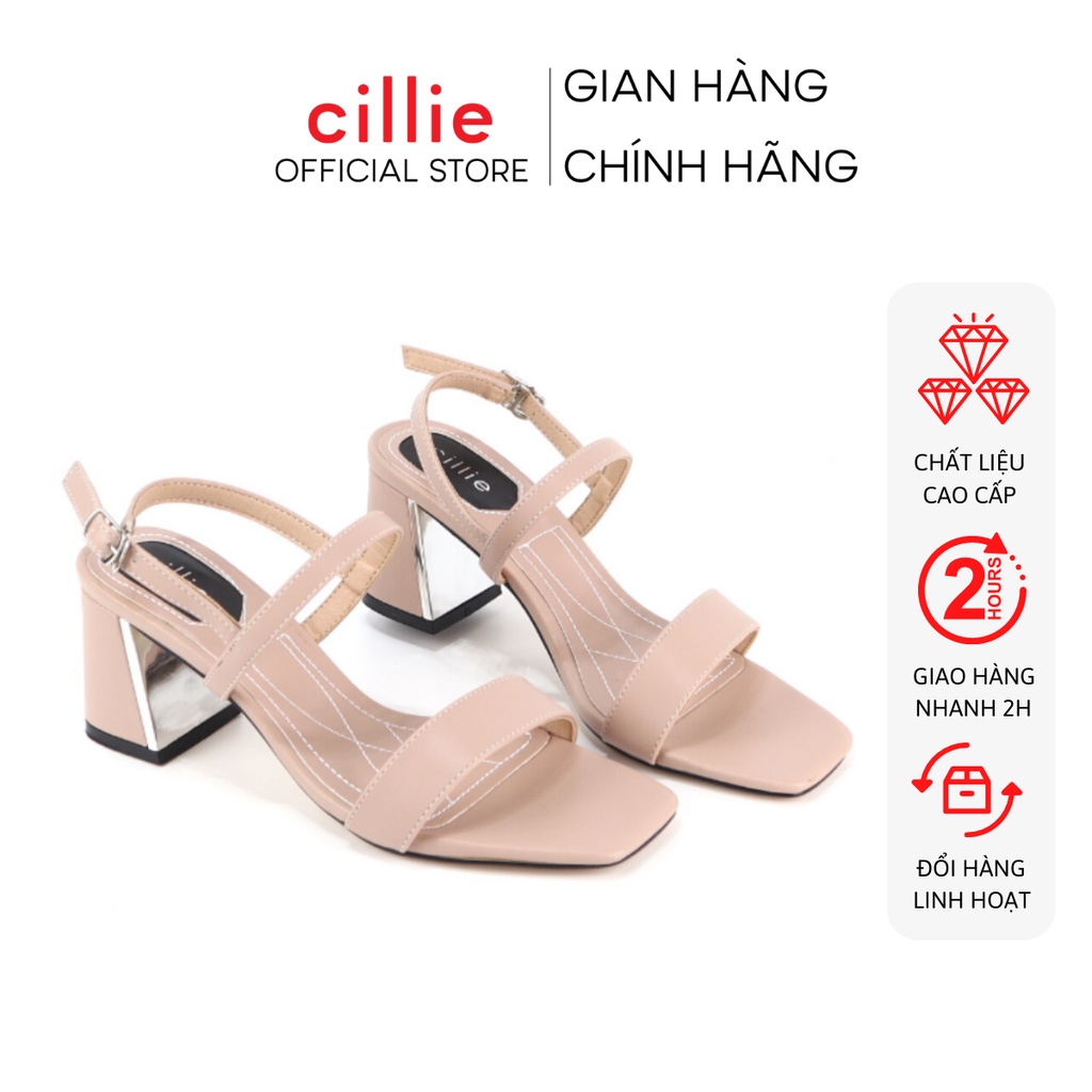 Giày sandal cao gót nữ mũi vuông thời trang phối gót xéo tráng gương độc lạ cao 5cm Cillie