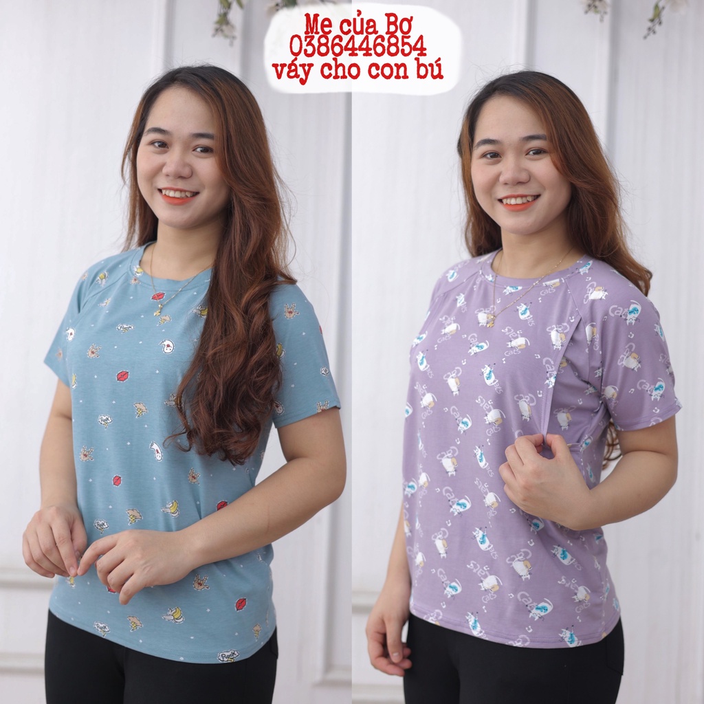 Áo thun cho con bú, áo phông cho con ti mặc sau sinh chất cotton 100% in họa tiết