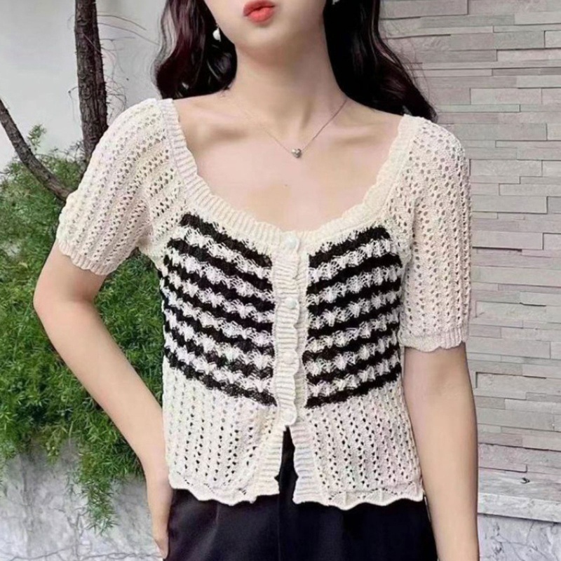 Brroa Áo Croptop Cotton Đan Móc Khoét Lỗ Gợi Cảm Thời Trang Mùa Hè Cho Nữ