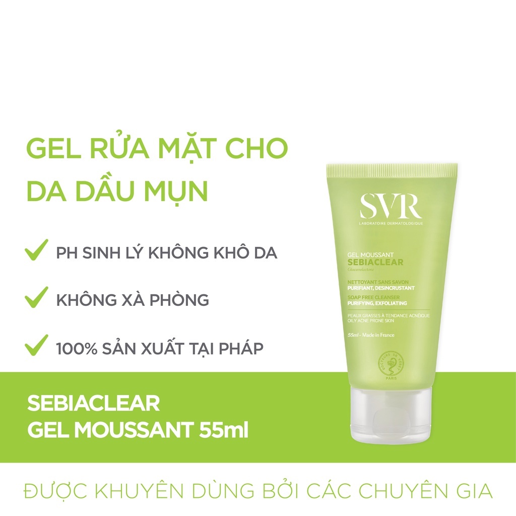 Combo Gel Rửa Mặt SVR SEBIACLEAR Gel Moussant 55ml và Tẩy Trang SEBIACLEAR Eau Micellaire Cho Da Dầu Mụn 75ml