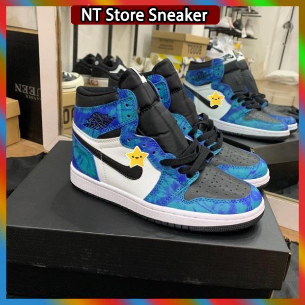 Giày thể thao Jordan xanh loang nước biển cổ cao, Giày JD1 high tie dye cao cổ nam nữ siêu hot Full Box Bill + tặng dây